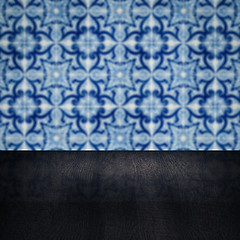 Image showing Wood table top and blur vintage ceramic tile pattern wall