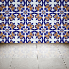 Image showing Wood table top and blur vintage ceramic tile pattern wall