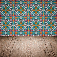 Image showing Wood table top and blur vintage ceramic tile pattern wall