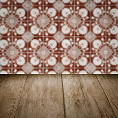 Image showing Wood table top and blur vintage ceramic tile pattern wall