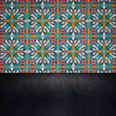 Image showing Wood table top and blur vintage ceramic tile pattern wall