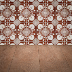 Image showing Wood table top and blur vintage ceramic tile pattern wall