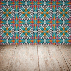 Image showing Wood table top and blur vintage ceramic tile pattern wall