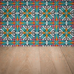 Image showing Wood table top and blur vintage ceramic tile pattern wall