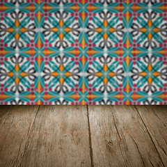 Image showing Wood table top and blur vintage ceramic tile pattern wall