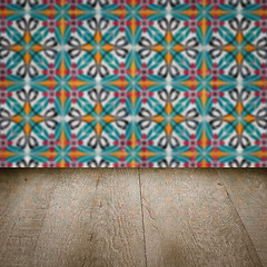 Image showing Wood table top and blur vintage ceramic tile pattern wall