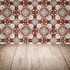 Image showing Wood table top and blur vintage ceramic tile pattern wall