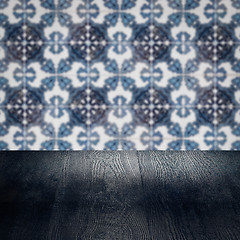 Image showing Wood table top and blur vintage ceramic tile pattern wall