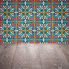 Image showing Wood table top and blur vintage ceramic tile pattern wall