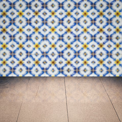 Image showing Wood table top and blur vintage ceramic tile pattern wall