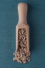 Image showing Wooden scoop with shelled sunflower seeds