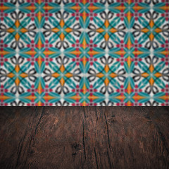 Image showing Wood table top and blur vintage ceramic tile pattern wall