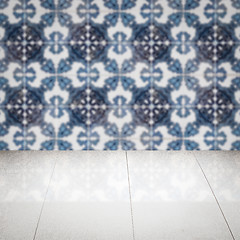 Image showing Wood table top and blur vintage ceramic tile pattern wall