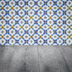 Image showing Wood table top and blur vintage ceramic tile pattern wall