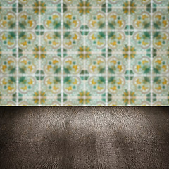 Image showing Wood table top and blur vintage ceramic tile pattern wall