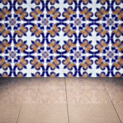 Image showing Wood table top and blur vintage ceramic tile pattern wall