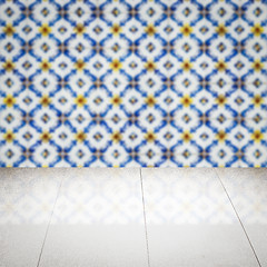 Image showing Wood table top and blur vintage ceramic tile pattern wall