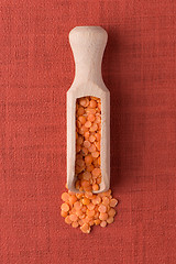 Image showing Wooden scoop with  peeled lentils