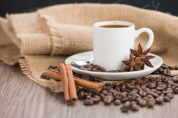 Image showing Coffee cup with burlap sack