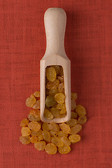 Image showing Wooden scoop with golden raisins