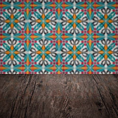 Image showing Wood table top and blur vintage ceramic tile pattern wall