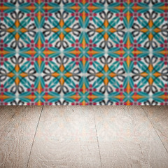 Image showing Wood table top and blur vintage ceramic tile pattern wall