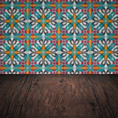 Image showing Wood table top and blur vintage ceramic tile pattern wall