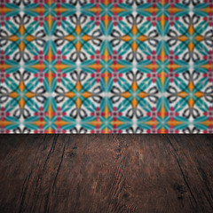 Image showing Wood table top and blur vintage ceramic tile pattern wall