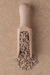 Image showing Wooden scoop with shelled sunflower seeds