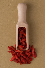 Image showing Wooden scoop with dry red goji berries