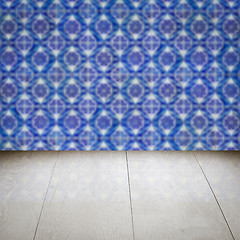 Image showing Wood table top and blur vintage ceramic tile pattern wall