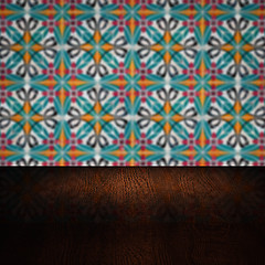 Image showing Wood table top and blur vintage ceramic tile pattern wall