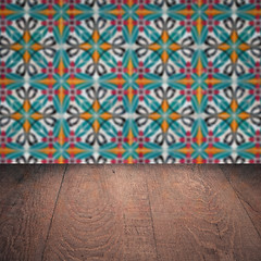 Image showing Wood table top and blur vintage ceramic tile pattern wall