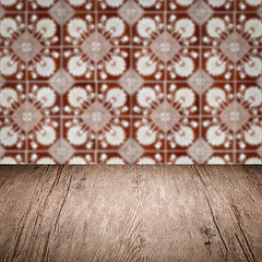 Image showing Wood table top and blur vintage ceramic tile pattern wall