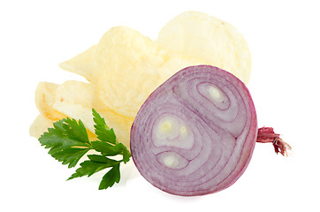 Image showing Potato chips and onion