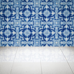 Image showing Wood table top and blur vintage ceramic tile pattern wall