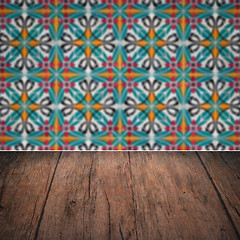 Image showing Wood table top and blur vintage ceramic tile pattern wall