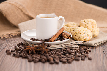 Image showing Coffee cup with burlap sack