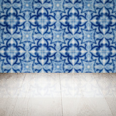 Image showing Wood table top and blur vintage ceramic tile pattern wall