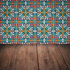 Image showing Wood table top and blur vintage ceramic tile pattern wall