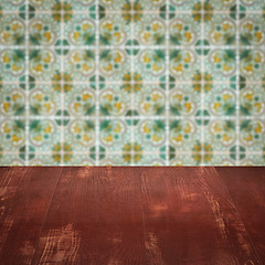 Image showing Wood table top and blur vintage ceramic tile pattern wall