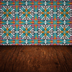 Image showing Wood table top and blur vintage ceramic tile pattern wall