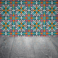 Image showing Wood table top and blur vintage ceramic tile pattern wall