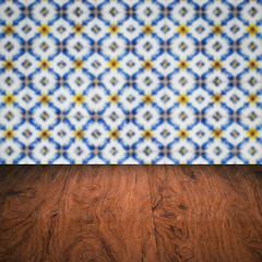 Image showing Wood table top and blur vintage ceramic tile pattern wall