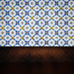 Image showing Wood table top and blur vintage ceramic tile pattern wall