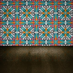 Image showing Wood table top and blur vintage ceramic tile pattern wall