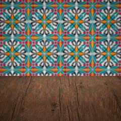 Image showing Wood table top and blur vintage ceramic tile pattern wall