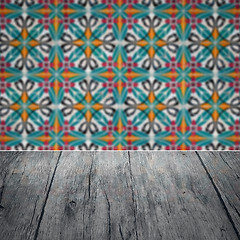 Image showing Wood table top and blur vintage ceramic tile pattern wall