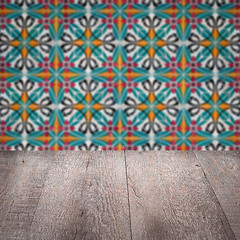 Image showing Wood table top and blur vintage ceramic tile pattern wall