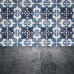 Image showing Wood table top and blur vintage ceramic tile pattern wall